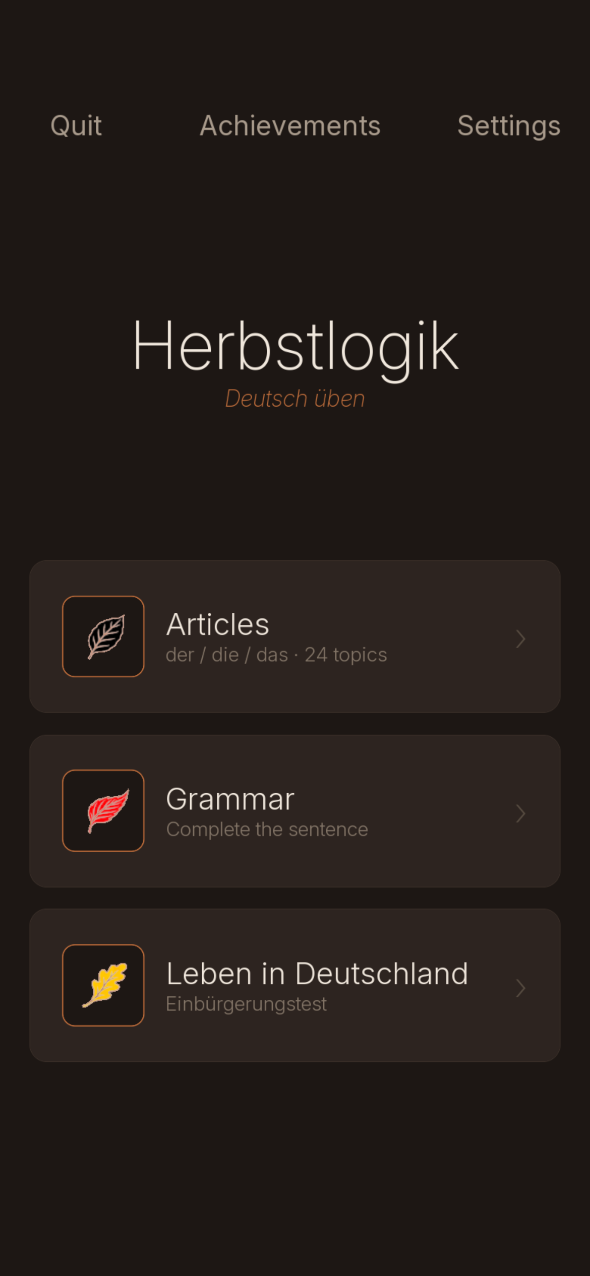 Herbstlogik main menu with Articles, Grammar and Leben in Deutschland