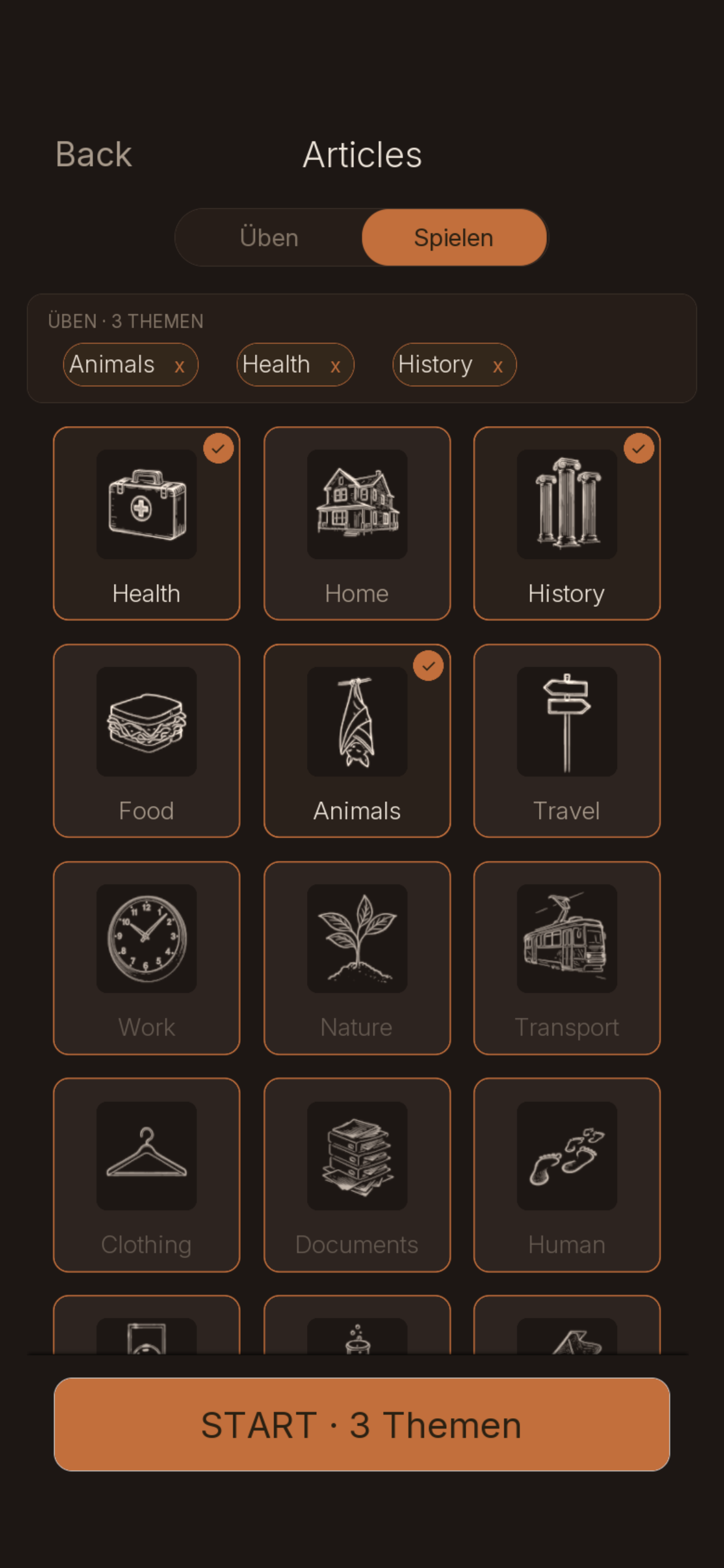 Topic picker showing 24 illustrated German vocabulary topics