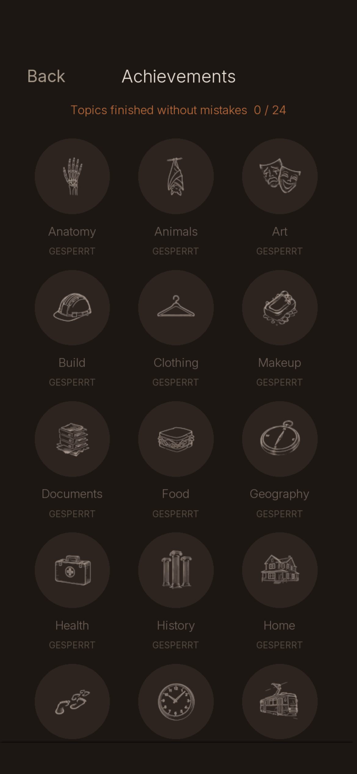 Achievements screen with 24 topic badges