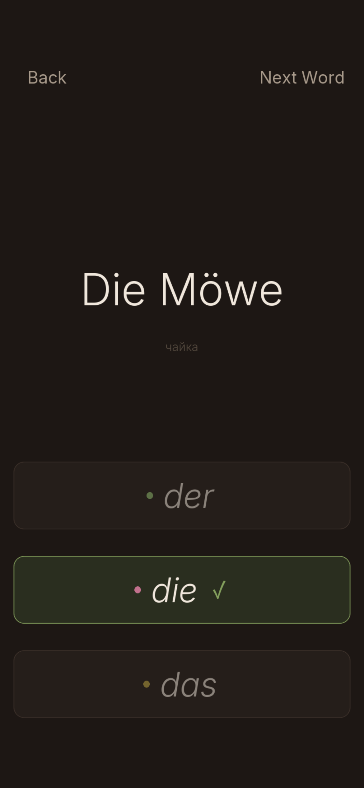Practice mode showing Die Möwe with its translation